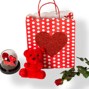 Σακούλα με Καρδιά, Λούτρινο Κόκκινο Αρκουδάκι, Τριαντάφυλλο και Forever Rose
