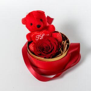 Στρογγυλό Κουτί με Forever Rose και Κόκκινο Αρκουδάκι
