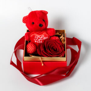 Τετράγωνο Κουτί με Forever Rose και Κόκκινο Αρκουδάκι