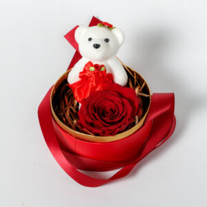 Στρογγυλό Κουτί με Forever Rose και Λευκό Αρκουδάκι